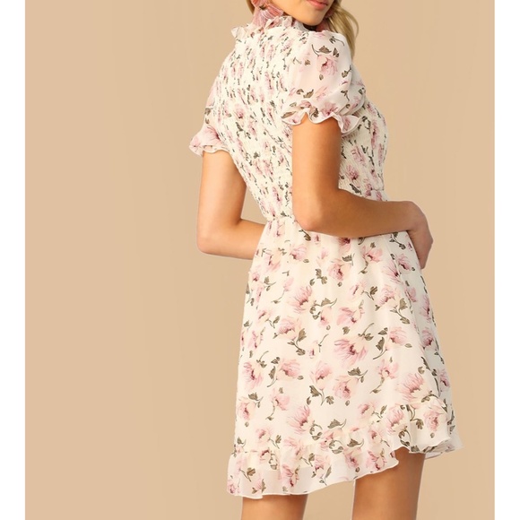 Beige Floral Ruffle Hem Shirred Fit & Flare Dress - Picture 3 of 6